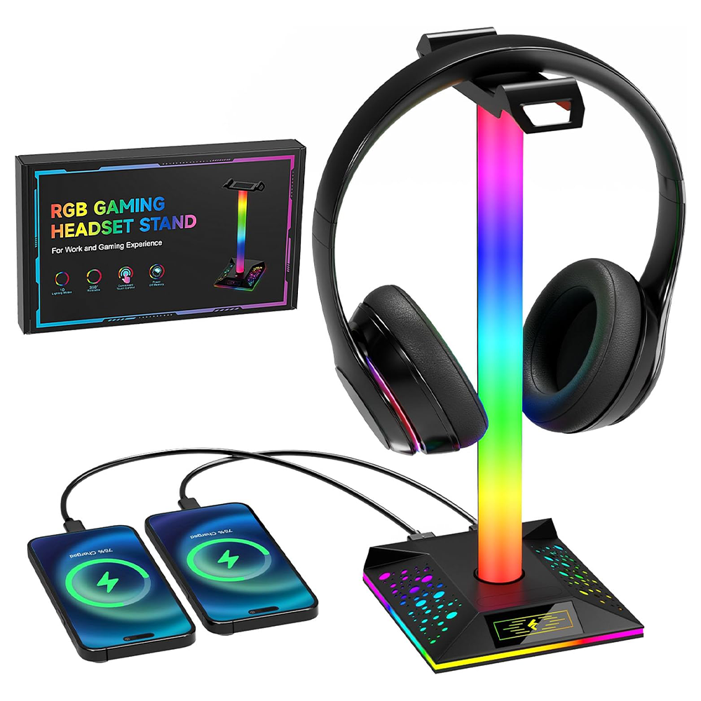 Hcman Headphone Stand Gaming Headset Holder RGB PC Gaming Accessories for Desk, Cool LED Headset Stand with 2 USB Charger for Gamer, Black